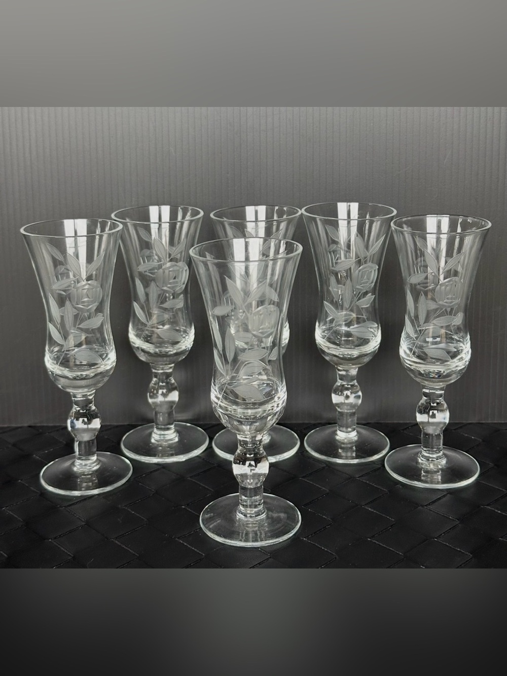 Javit ROSE Etched Crystal Stemmed Cordial / Liquor Glasses Set of 6 Vintage